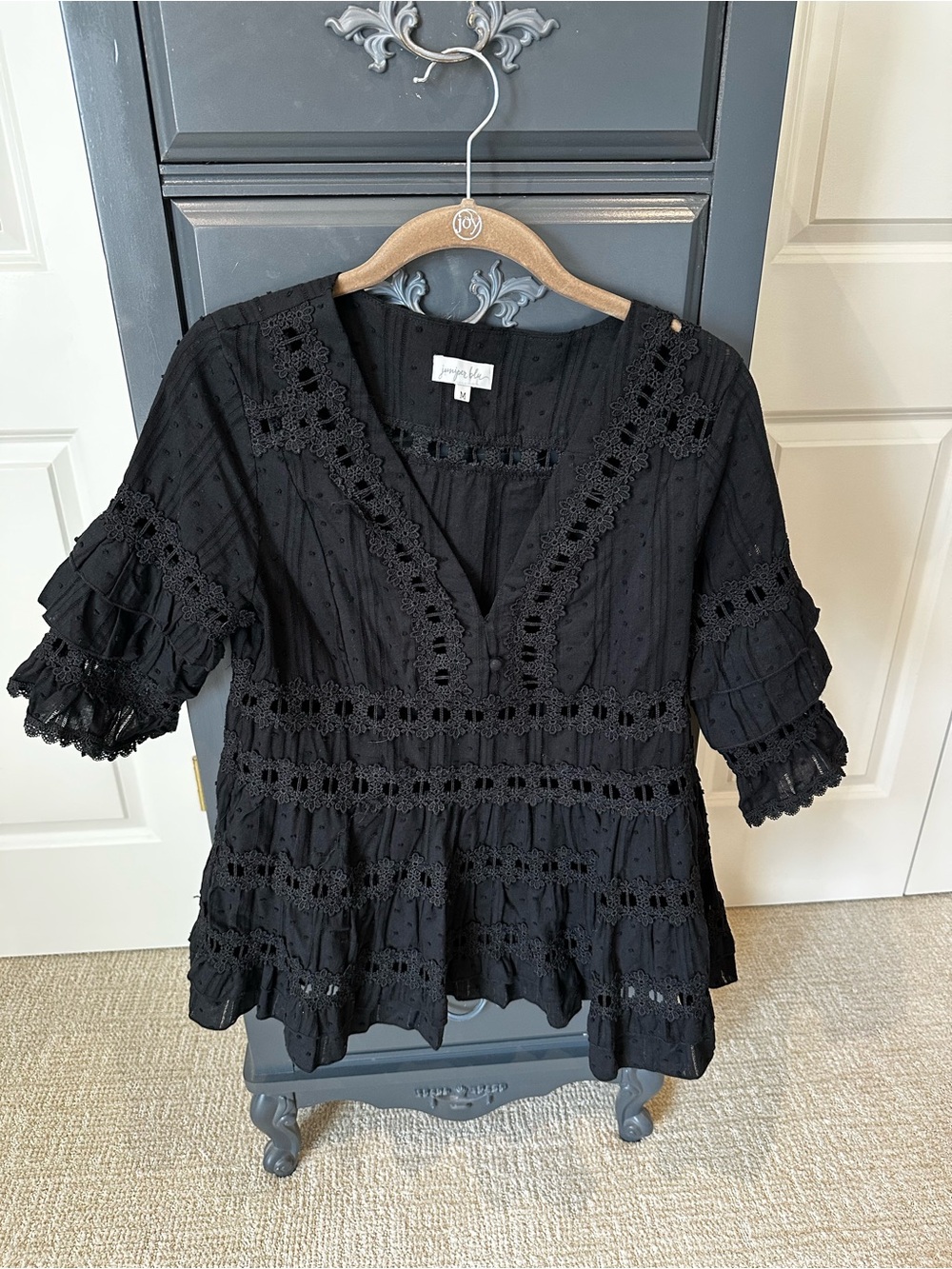 Women's Black Crochet-Trim V-Neck Peasant Blouse